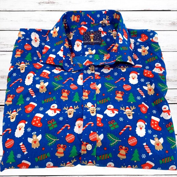 SIMON BANKS XL (17.5) Blue Holiday Christmas Button Front Shirt Men - Picture 4 of 11